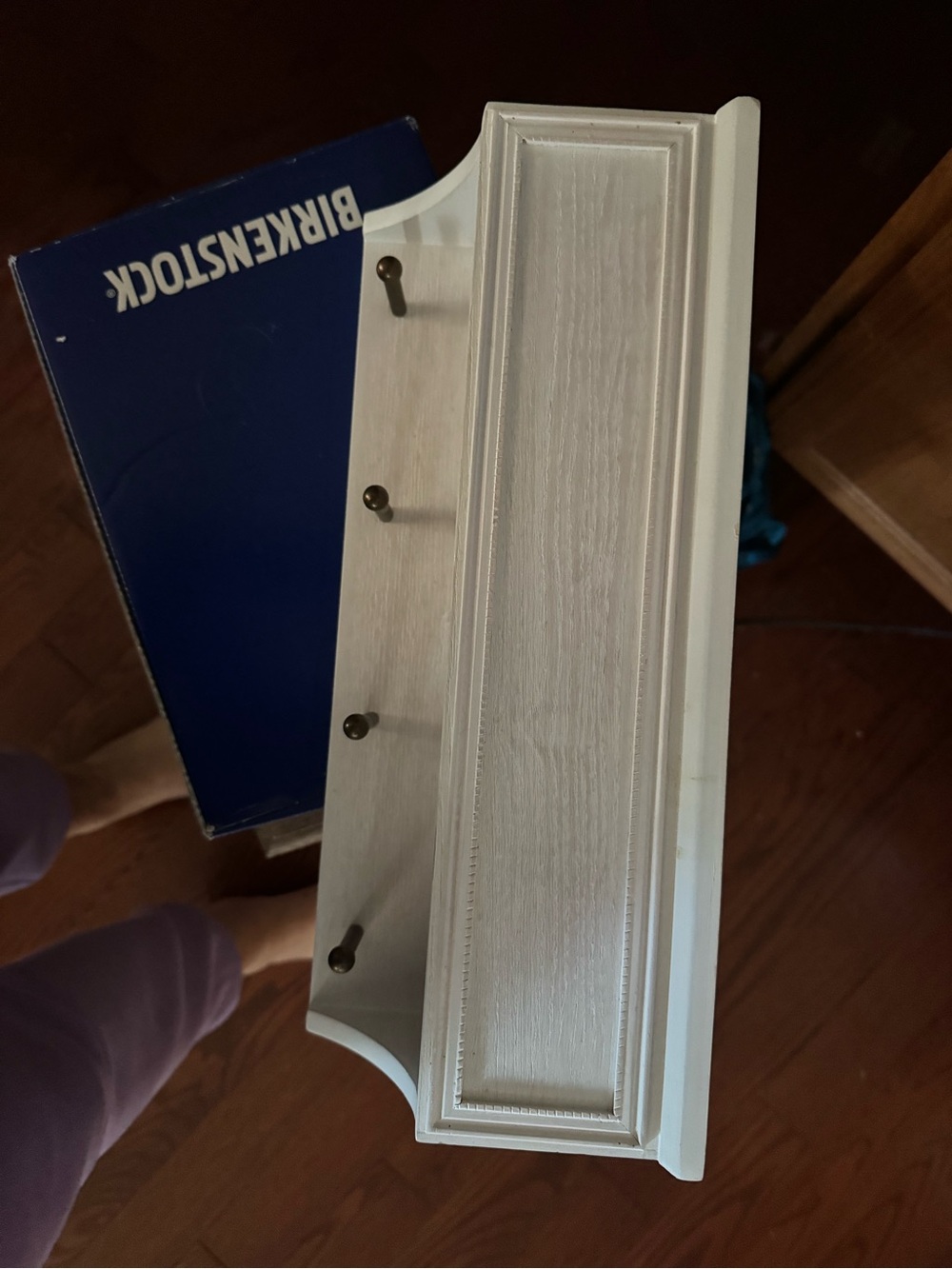 Pottery Barn White Wood Wall Hook Rack with Brass Pegs
